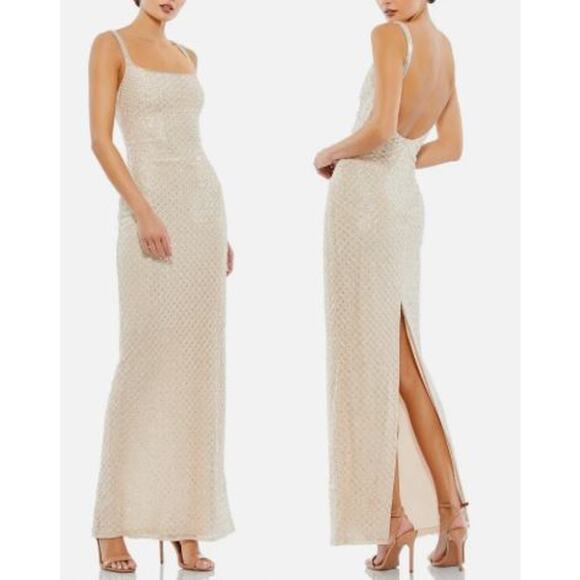 Mac Duggal Beaded Sequined Rhinestone Square Neck Maxi Dress Nude Women's Size 8 - Picture 1 of 5